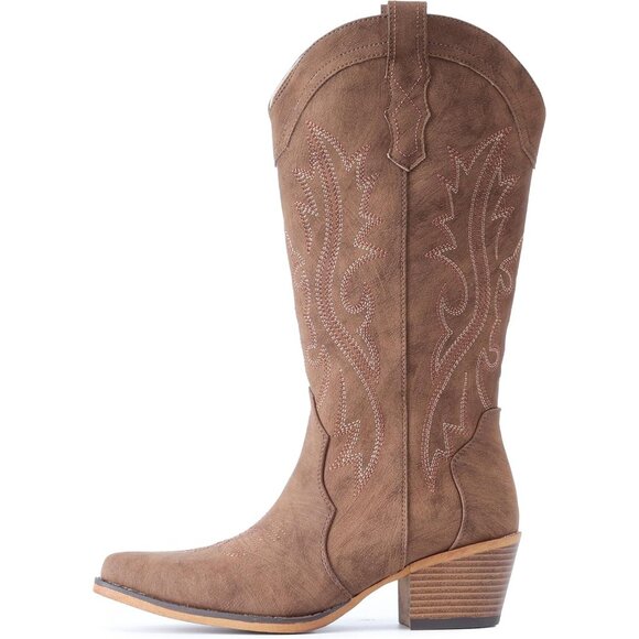 Women's Chunky Heel Mid Calf Snip Toe Western Elegance Embroidery Brown Boots - Picture 5 of 6